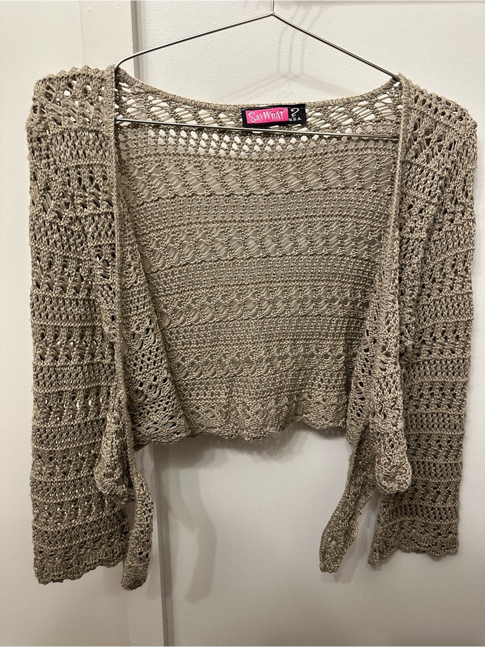 Y2K “Say What?” Crochet Tie-Front Cardigan in Taupe - Picture 4 of 7